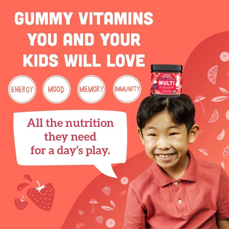 Llama Naturals Kids Multi graphic: "Gummy vitamins you and your kids will love" with energy, mood, memory, and immunity badges
